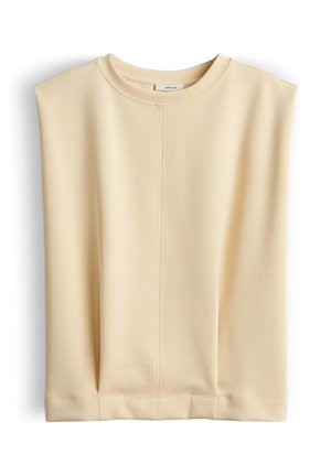 Top beige senza maniche con scollo rotondo, sottile cucitura verticale al centro ed etichetta con la scritta "OPUS" all'interno del colletto.