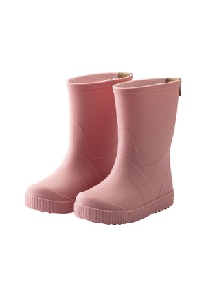 Pink waterproof rain boots made of rubber, featuring a textured grip sole, smooth finish, and a short height, with a tab at the back for easy wear.