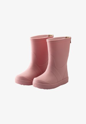 Pink waterproof rain boots made of rubber, featuring a textured grip sole, smooth finish, and a short height, with a tab at the back for easy wear.