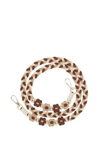 Guinzaglio intrecciato per animali domestici in marrone e crema con accenti floreali. Presenta ganci in metallo dorato e una finitura morbida e texturizzata.