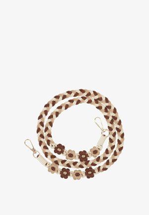 Guinzaglio intrecciato per animali domestici in marrone e crema con accenti floreali. Presenta ganci in metallo dorato e una finitura morbida e texturizzata.