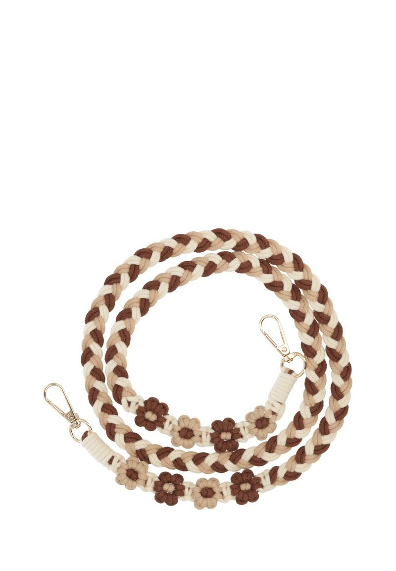 Guinzaglio intrecciato per animali domestici in marrone e crema con accenti floreali. Presenta ganci in metallo dorato e una finitura morbida e texturizzata.