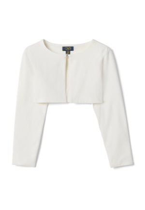 Weißer, langärmeliger, kurz geschnittener Bolero mit rundem Ausschnitt und einfachem Verschluss, für Kinder, flach auf weißem Hintergrund liegend.