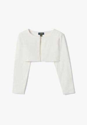 Bolero blanco de manga larga y corto con cuello redondo y cierre único con broche, diseñado para niños, colocado plano sobre un fondo blanco.