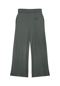 Szerokie spodnie w ciemnoszarym kolorze, wykonane z miękkiego materiału. Posiadają elastyczny pas, boczne kieszenie oraz jedną kieszeń z tyłu. Prosty fason u dołu.