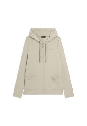 Felpa beige con cappuccio, cerniera, cordini, due tasche frontali e logo "FREDDY" sul petto a sinistra.