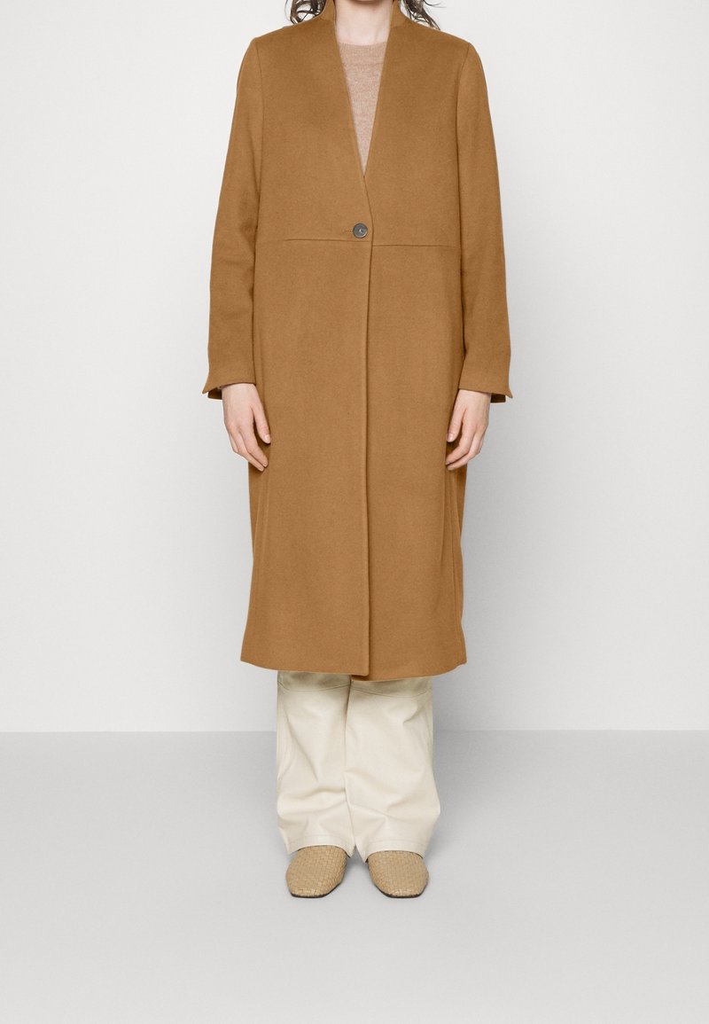 Personne portant un manteau camel mi-long à un bouton, un pantalon beige à jambes larges et des chaussures beige texturées sans lacets, debout devant un mur blanc.