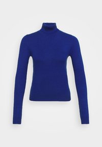 Blå polotröja av stickad tyg, med långa ärmar och en figurnära design. Slät textur med ribbade detaljer vid halsen och fållen.