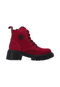 Red suede ankle boot with black laces, round toe, chunky black heel, and a logo patch on the side. Features a pull tab at the back.