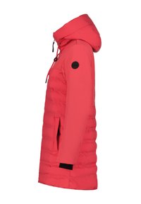 Vadderad parka i ljus korall med huva, med svarta detaljer, framfickor och elastiska ärmslut. Slät textur och knälång design.
