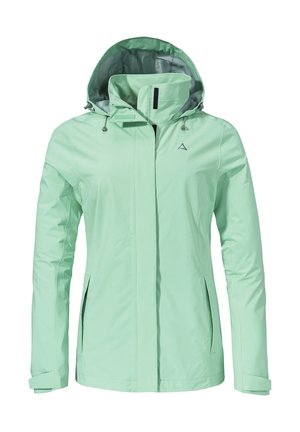 Chaqueta impermeable de color verde menta con cuello alto, capucha ajustable con cordones, bolsillos laterales con cremallera y un diseño elegante.