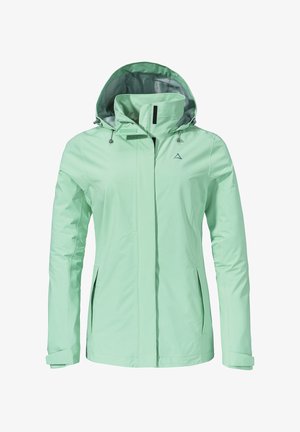 Chaqueta impermeable de color verde menta con cuello alto, capucha ajustable con cordones, bolsillos laterales con cremallera y un diseño elegante.