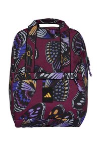 Paarse rugzak met vlinderpatroon, zwarte accenten en een zwart Adidas-logo. Voorzien van ritsen en twee bovenste handvaten voor het dragen.