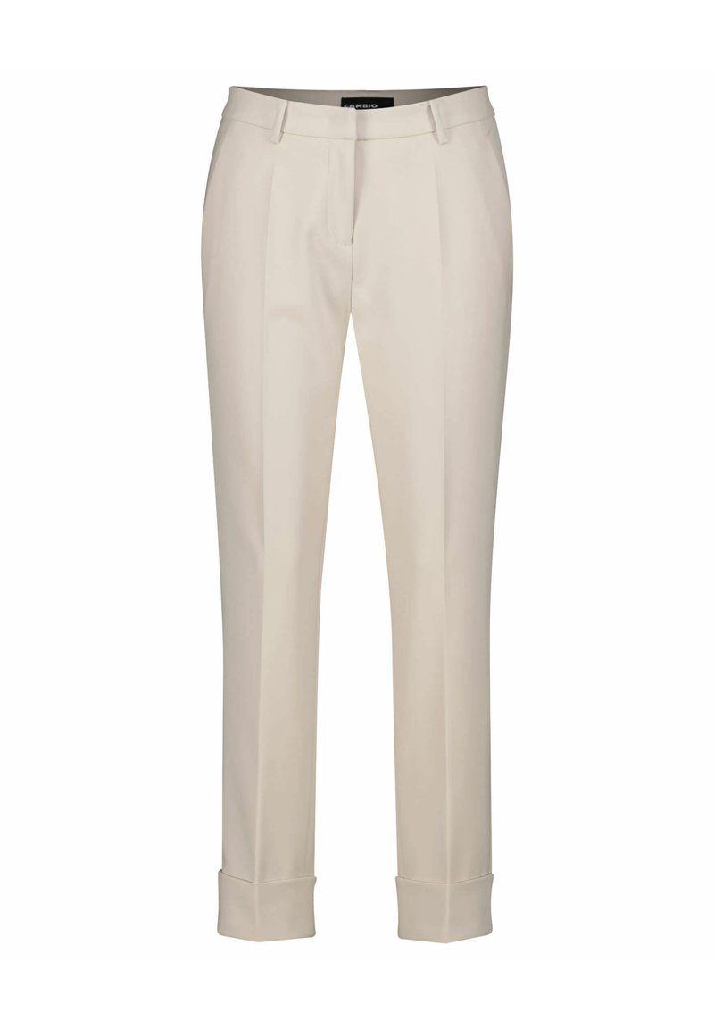 Beige vrijetijdsbroek met een rechte pijp, voorzien van voorplooien, zijzakken en een opgerolde zoom voor een gestructureerde uitstraling.