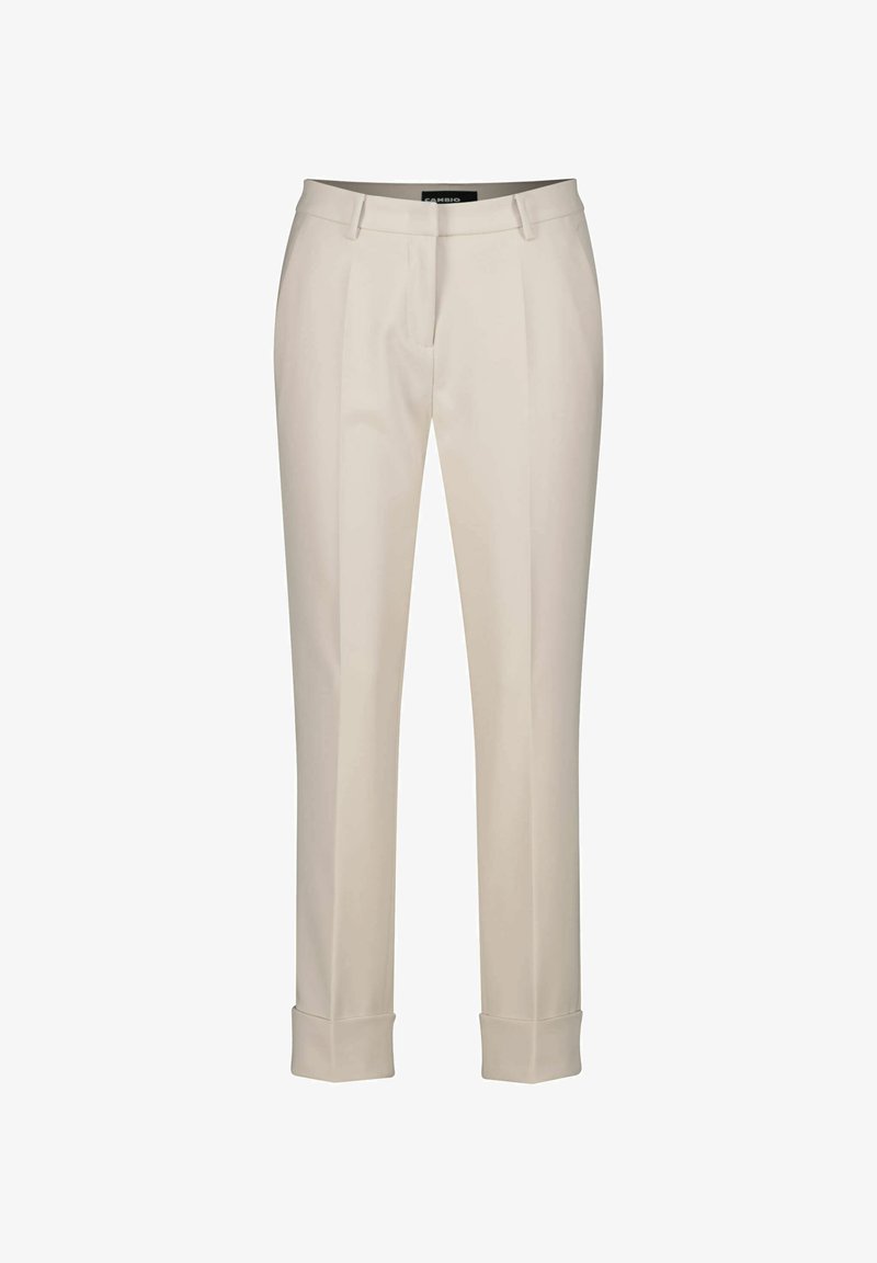 Beige vrijetijdsbroek met een rechte pijp, voorzien van voorplooien, zijzakken en een opgerolde zoom voor een gestructureerde uitstraling.