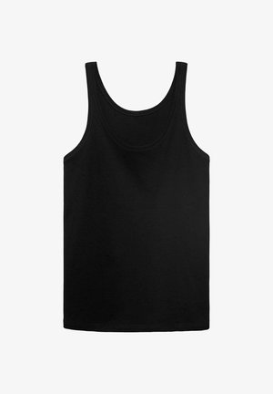 Črn bombažni top brez rokavov z okroglo izrezom in širokimi naramnicami. Gladka tekstura z enostavnim dizajnom. Brez vzorcev ali okraskov.