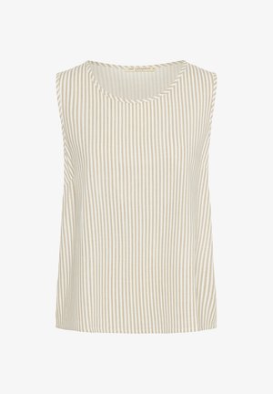Beige en witte gestreepte mouwloze top met een ronde halslijn, gemaakt van lichte stof. Heeft verticale strepen en een relaxte pasvorm.