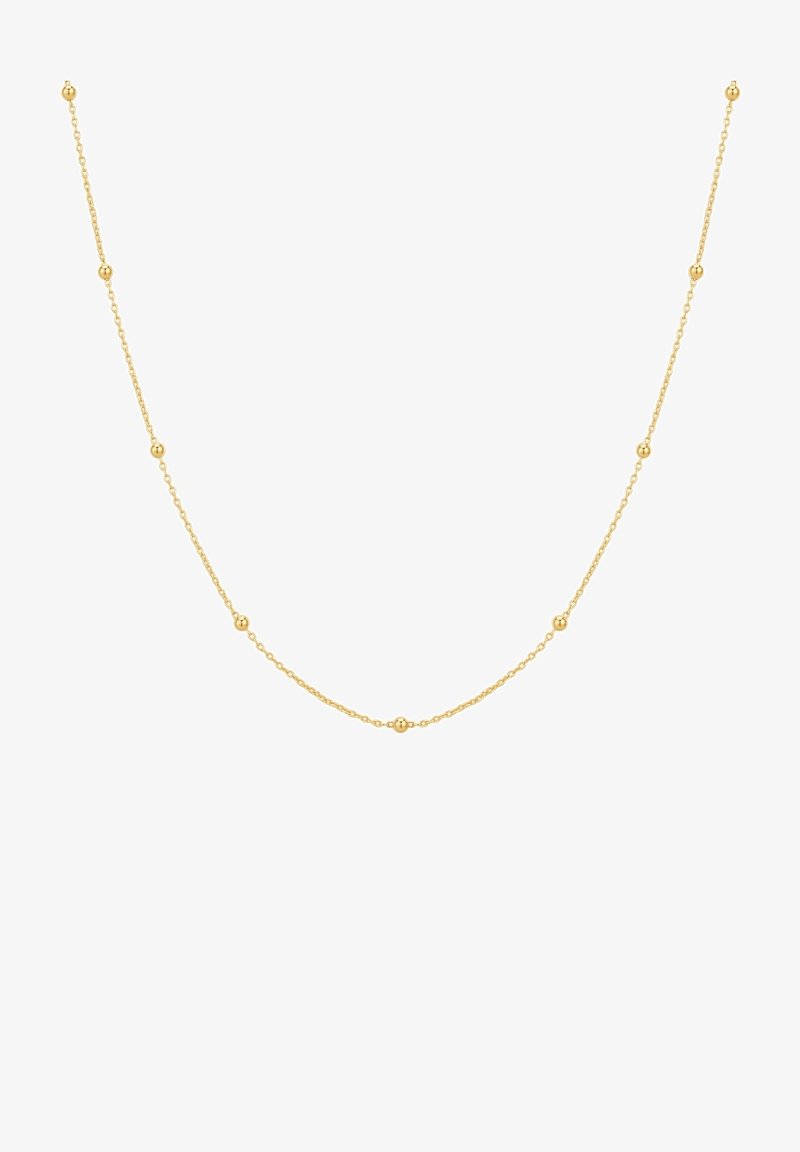 Guld halskæde med små runde perler jævnt fordelt langs en delikat kæde. Har et fint led-design og glat metaloverflade.