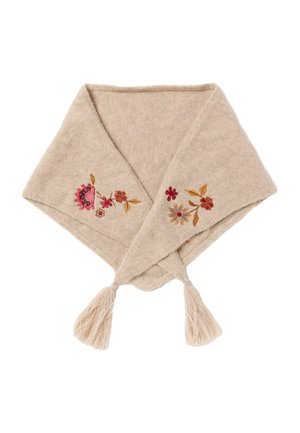Beigefarbener Wollschal mit pinker, roter und gelber Blumenstickerei und Fransen an beiden Enden, gefaltet in dreieckiger Form.