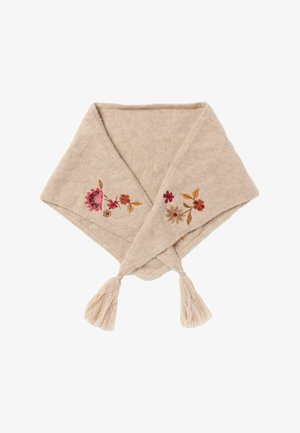 Beigefarbener Wollschal mit pinker, roter und gelber Blumenstickerei und Fransen an beiden Enden, gefaltet in dreieckiger Form.