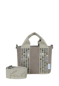 Borsa in tela grigia con due manici texture ed elementi metallici circolari. Include una tracolla staccabile con logo. Forma rettangolare compatta.