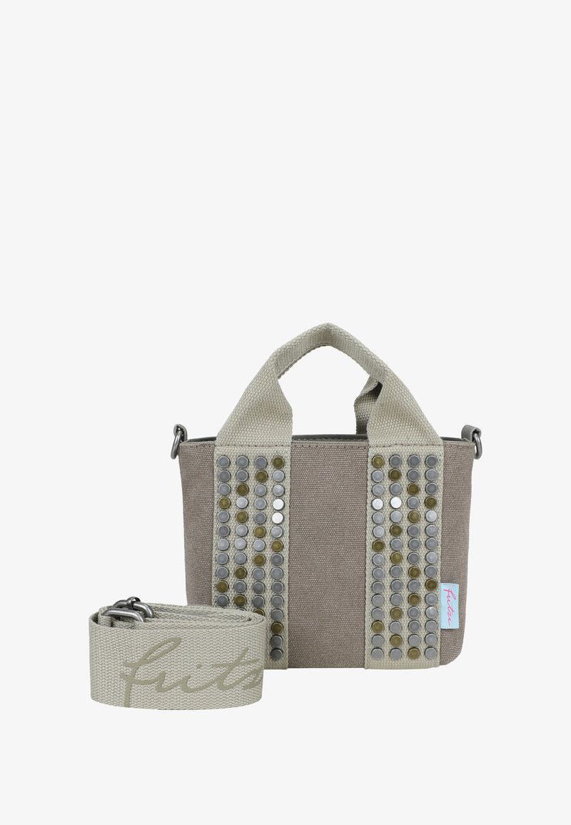 Borsa in tela grigia con due manici texture ed elementi metallici circolari. Include una tracolla staccabile con logo. Forma rettangolare compatta.