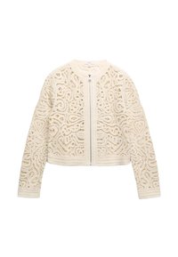 Giacca con zip in pizzo color crema con motivi a spirale intricati e maniche lunghe, caratterizzata da una scollatura rotonda e orlo e polsini a coste.
