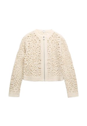 Chaqueta con cremallera de encaje color crema con intrincados patrones en espiral y mangas largas, con escote redondo y puños y bajo acanalados.