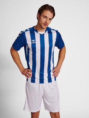 Młody mężczyzna stoi z rękami na biodrach, ubrany w niebiesko-biały koszulkę sportową w pionowe paski i białe spodenki na jednolitym tle.