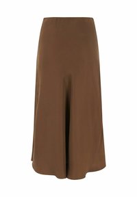 Barna midi szoknya, sima anyag, A-vonalú dizájn, rugalmas derékpánt, diszkrét fényesség, elöl mély hasítékkal a fokozott mozgás érdekében.