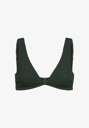 Top de bikini verde oscuro con textura, tirantes anchos y cierre frontal de broche, exhibido sobre un fondo blanco.