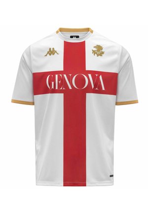 Chemise blanche à manches courtes avec une croix rouge, texte "GENOVA" au centre, bordure dorée aux manches et au col, et deux logos dorés sur la poitrine.