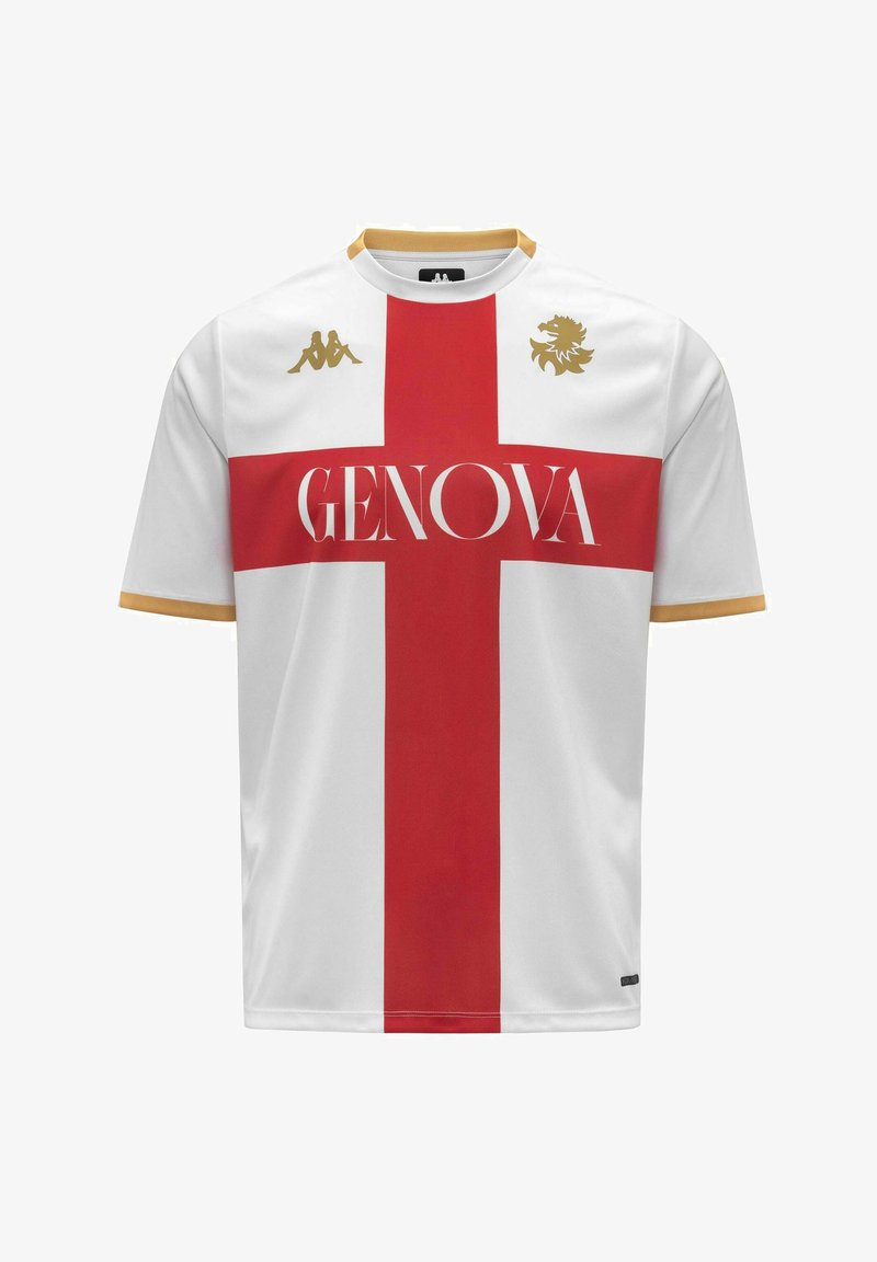 Camicia bianca a maniche corte con una croce rossa, scritta "GENOVA" al centro, rifinitura dorata su maniche e colletto e due loghi dorati sul petto.