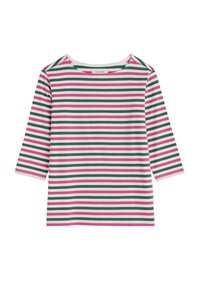 Gestreept t-shirt met driekwartmouwen in het wit, met afwisselende groene, roze en witte strepen. Zachte katoen materiaal met een ronde hals.