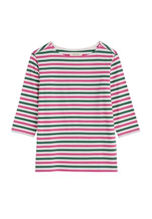 Striped three-quarter sleeve t-shirt in white, featuring alternating green, pink, and white stripes. Soft cotton material with a crew neckline.