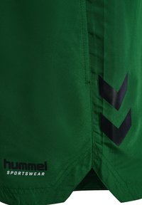 Zielone spodenki sportowe z czarnym logo hummel sportswear i dwoma czarnymi paskami w kształcie jodełki na bocznym szwie w pobliżu brzegu.