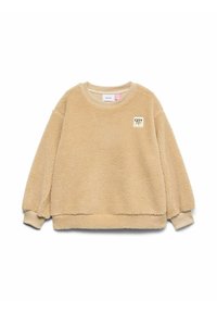 Beige fleecová mikina s texturovaným povrchem, kulatým výstřihem a lemy na rukávech. Na přední straně se nachází malá čtvercová cedulka s nápisem "CITY".