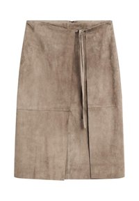 Beige suede skirt with a mid-length cut, featuring a tied waistband and a straight silhouette. Smooth texture and minimalistic design.