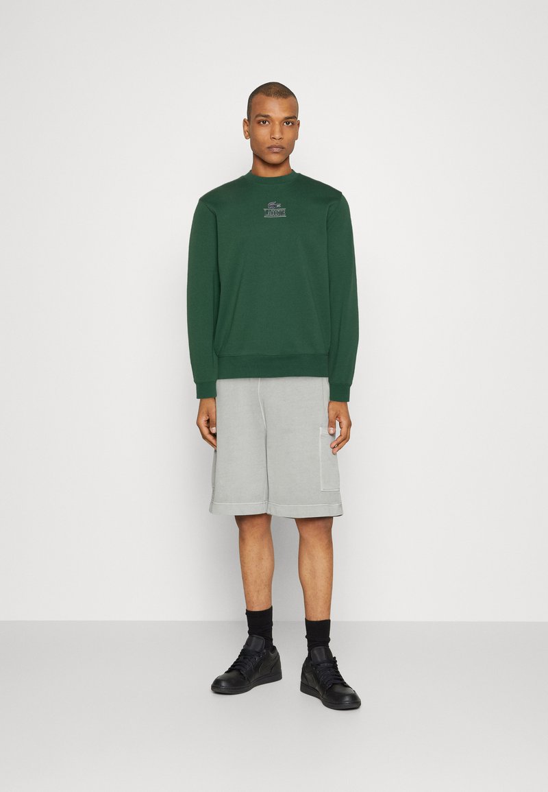 Sudadera verde con cuello redondo y un pequeño logo en el pecho, combinada con pantalones cortos grises con un bolsillo lateral y zapatillas negras.