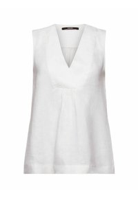 Weißes ärmelloses Leinenoberteil mit V-Ausschnitt, plissierten Details an der Vorderseite und einer lässigen A-Linien-Silhouette.