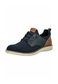 Sneaker in rete blu con dettagli in suede marrone, particolari in pelle grigia, lati perforati e suola beige. Design classico con lacci.
