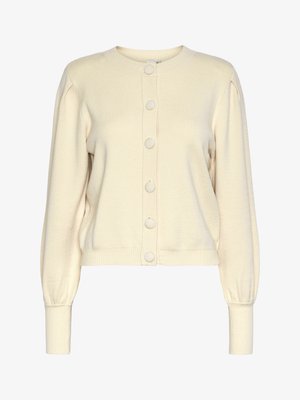 Cream knitted cardigan with a round neckline, long sleeves, ribbed cuffs, and button front closure featuring large, smooth buttons.