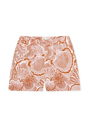 Witte shorts met een all-over oranje schelp- en zeelevenpatroon, voorzien van een elastische tailleband en een losse pasvorm.