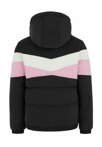 Veste rembourrée avec capuche, présentant une base noire et des rayures en chevron blanches, roses et rose clair. Manches et ourlet élastiques.