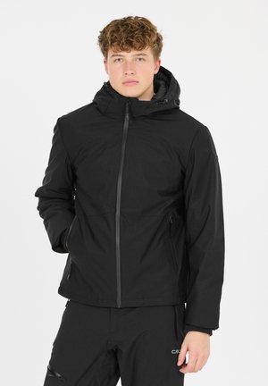Svart huva zip-up jacka gjord av vattenavvisande material. Har framfickor, en texturerad yta och justerbara snoddar på huvan.