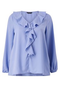 Hellbluse mit V-Ausschnitt und Rüschendetails an der Vorderseite. Lange Ärmel mit elastischen Bündchen, aus weichem, glattem Stoff.