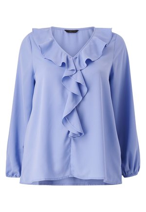 Blusa azzurro chiaro con scollatura a V e dettagli arricciati lungo il davanti. Maniche lunghe con polsini elastici, realizzata in un tessuto morbido e liscio.