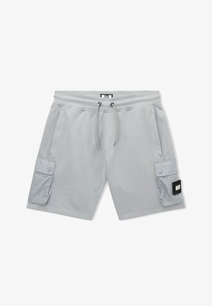 Lysegrå afslappede shorts med elastisk taljebånd, snor, to sidelommer og knappede cargolommer på begge ben.