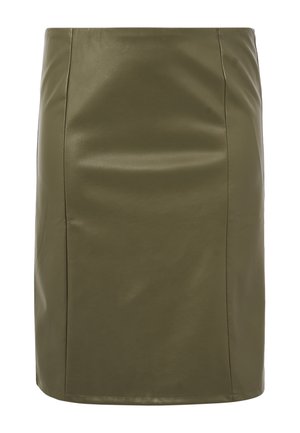 Olivgrüner Bleistiftrock aus Kunstleder mit hohem Bund, vertikalen Nahtdetails, knielang und mit mattem, glattem Finish.