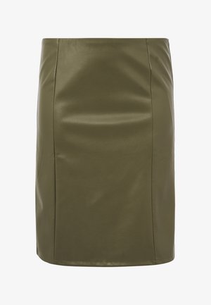 Olivgrüner Bleistiftrock aus Kunstleder mit hohem Bund, vertikalen Nahtdetails, knielang und mit mattem, glattem Finish.